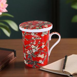 ПОРЦЕЛАНОВА ЧАША ЗА ЗАПАРКА НА ЧАЙ ПО КАРТИНА НА ВАН ГОГ - ЦЪФНАЛИ БАДЕМИ червен фон