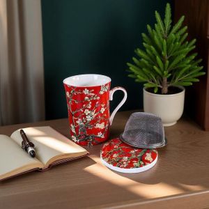 ПОРЦЕЛАНОВА ЧАША ЗА ЗАПАРКА НА ЧАЙ ПО КАРТИНА НА ВАН ГОГ - ЦЪФНАЛИ БАДЕМИ червен фон