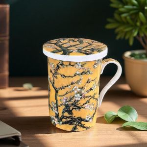 ПОРЦЕЛАНОВА ЧАША ЗА ЗАПАРКА НА ЧАЙ ПО КАРТИНА НА ВАН ГОГ - ЦЪФНАЛИ БАДЕМИ жълт фон