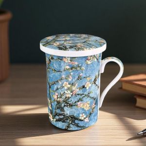 ПОРЦЕЛАНОВА ЧАША ЗА ЗАПАРКА НА ЧАЙ ПО КАРТИНА НА ВАН ГОГ - ЦЪФНАЛИ БАДЕМИ син фон