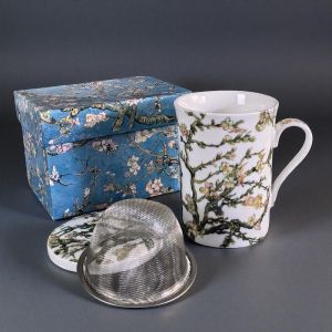 ПОРЦЕЛАНОВА ЧАША ЗА ЗАПАРКА НА ЧАЙ ПО КАРТИНА НА ВАН ГОГ - ЦЪФНАЛИ БАДЕМИ бял фон