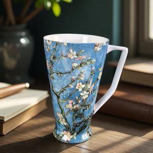 ПОРЦЕЛАНОВА ЧАША ЗА ШРАПЕ / ЧАЙ  500мл ПО КАРТИНА НА ВАН ГОГ - ЦЪФНАЛИ БАДЕМИ син фон