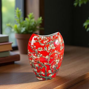 ПОРЦЕЛАНОВА ВАЗА ПО КАРТИНА НА ВАН ГОГ - ЦЪФНАЛИ БАДЕМИ / червен фон /