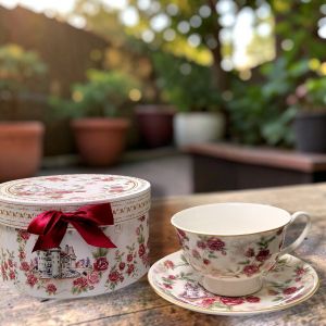 КОМПЛЕКТ ЧАША И ЧИНИЯ ЗА КАФЕ / ЧАЙ - ЛЮБОВЕН ЗАМЪК ОТ РОЗИ