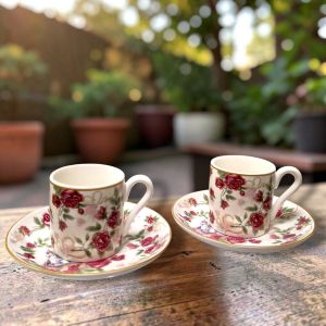 СЕРВИЗ ЗА КАФЕ ЗА ДВАМА 2чаши+2чинийки - ЛЮБОВЕН ЗАМЪК ОТ РОЗИ