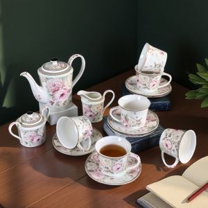 СЕРВИЗ ЗА ЧАЙ / 6 чаши и чинии, кана, захарница, каничка за мляко /  - НЕЖНИ РОЗИ